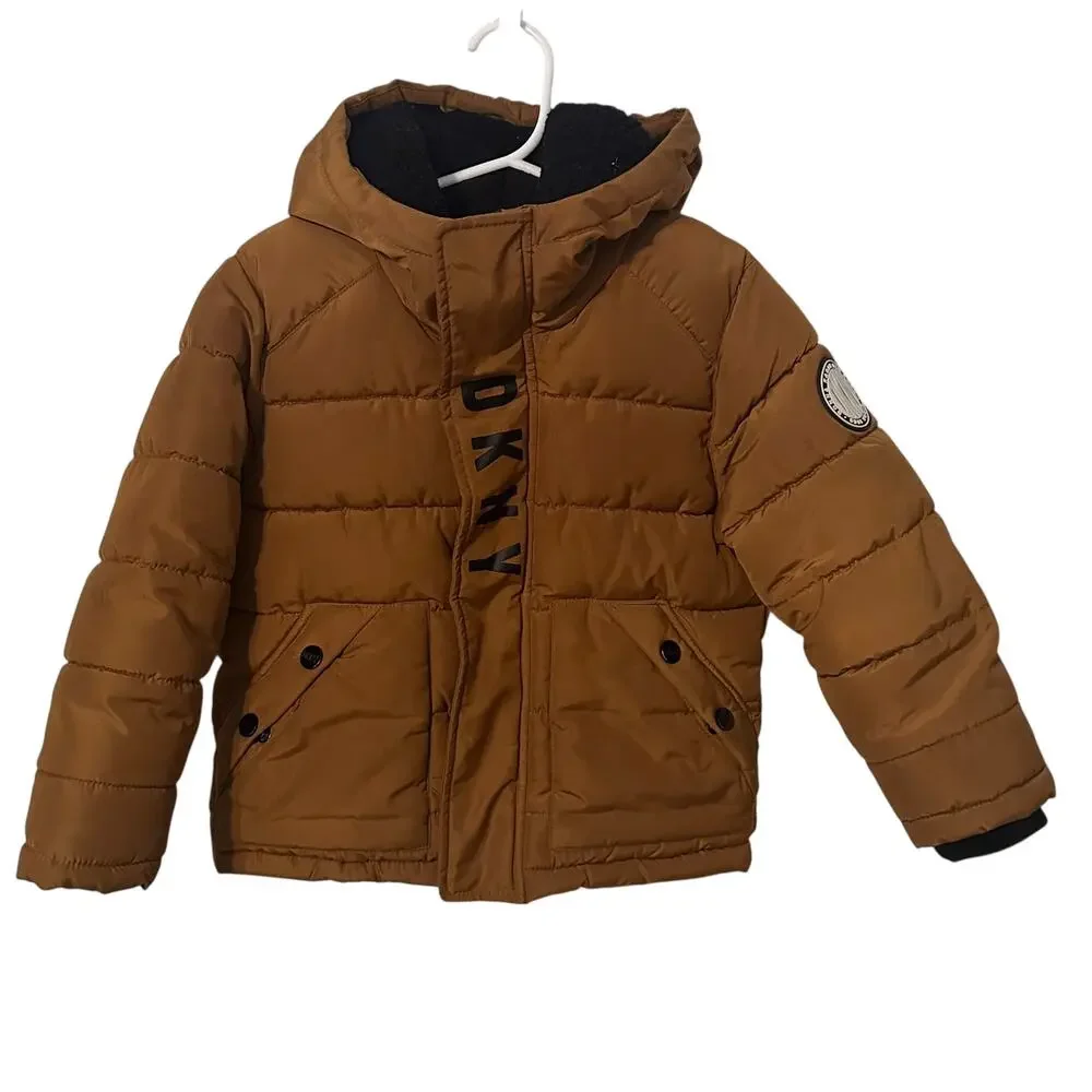 DKNY Puffer Coat Boys Size 4 Mustard Brown Hooded Quilted Outdoor Winter Gorp